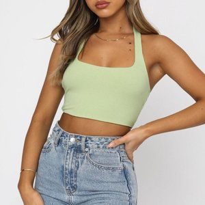 matcha green ribbed halterneck cropped tank top with an open twist back